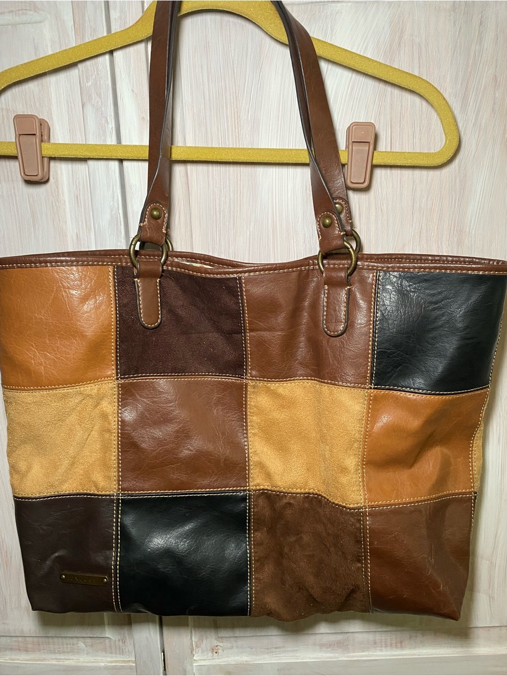 Vintage Patchwork faux Leather Tote Bag in Brown and Tan Patchwork